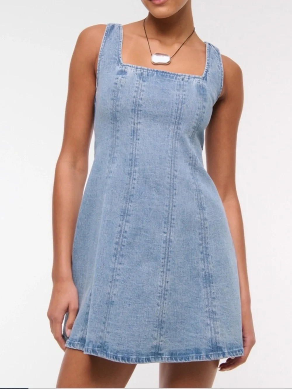 Abercrombie & Fitch Mila Denim Square-Neck Mini Dress - Blue, M Tall - Picture 1 of 9